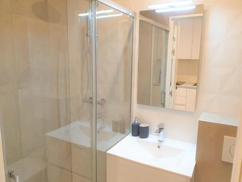 une salle de bain avec une douche en verre et un lavabo dans l'établissement ALSACE LORRAINE CENTRE MER 106, à Nice