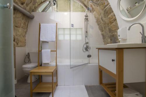 a bathroom with a shower and a toilet and a sink at Rashbi 54 in Safed