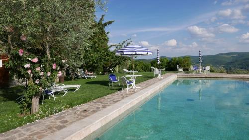 a swimming pool with chairs and a table and an umbrella at Villa Le Barone in Panzano