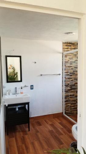 a bathroom with a white sink and a shower at Cabañas villa de San Miguel in Huasca de Ocampo