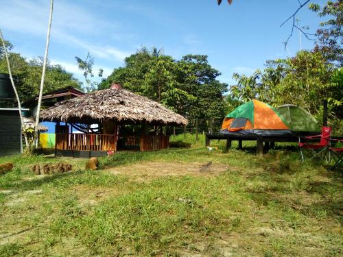 a hut with a thatch roof and a table at La Salamandra in Ladrilleros