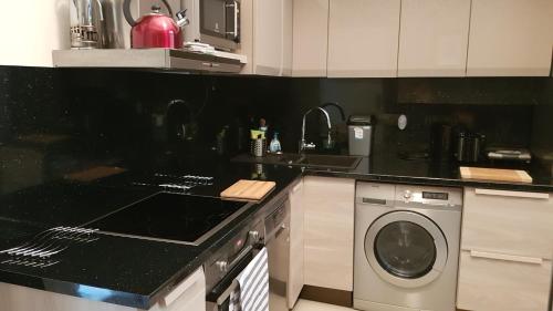 a kitchen with a washing machine and a sink at Boudoir Budapest Apartment in Budapest