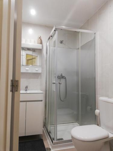 a bathroom with a shower with a toilet and a sink at MicroRent Rooms in Braga