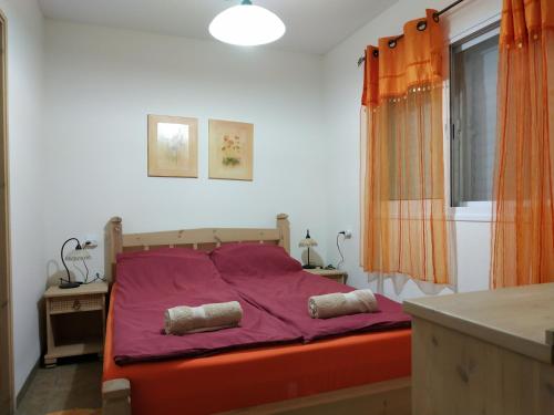 a bedroom with a bed with purple sheets and a window at Bait Katan Be Yonatan in Yonatan