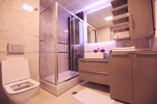 a bathroom with a shower and a toilet and a sink at 33rd floor luxury apartment spa & fitness in Skopje