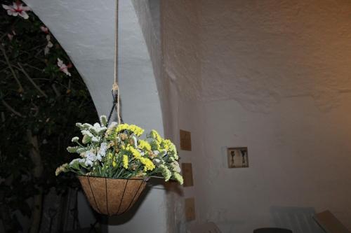 a basket of flowers hanging from a ceiling at Casa dos Tios Estremoz-veiros in Veiros