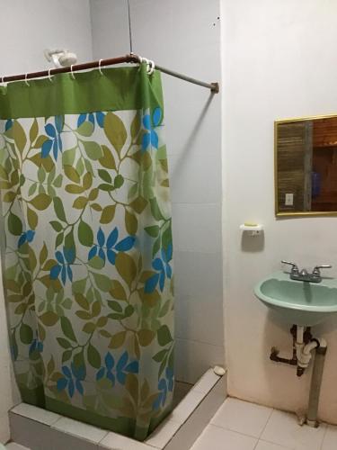 a bathroom with a shower curtain and a sink at Suki Cafe Apartments in Canoa