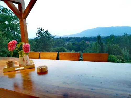 a table with flowers and a view of a mountain at Kuća za odmor Bitoševje in Klenovnik