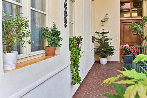 a porch with potted plants on the windows of a house at Apartment Nebovidy I - Historic centre - Terrace - Air Conditioning in Prague