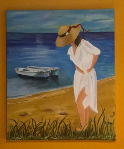a painting of a woman with a hat and a boat at Micro-Hostal La Puerta del Perdón in Villafranca del Bierzo