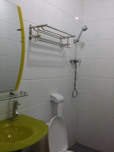 a bathroom with a green sink and a toilet at Maxi Inn in Bintulu