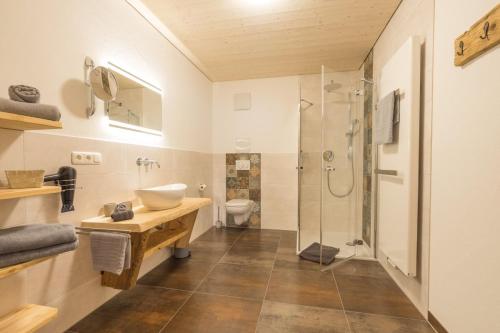 een badkamer met een toilet, een wastafel en een douche bij Landhaus Panorama in Bad Hindelang