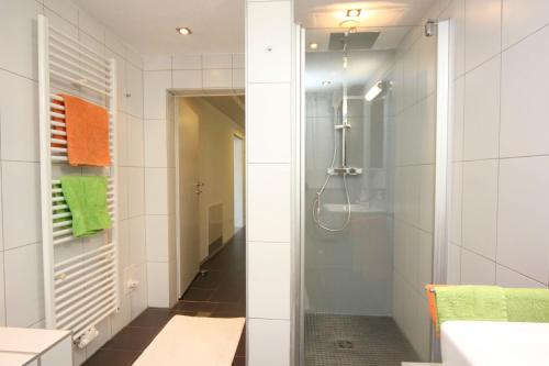 a bathroom with a shower and a sink at Rosentalferien in Ludmannsdorf