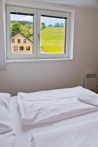 a bedroom with a white bed and a window at Apartmány Dolní Morava in Dolní Morava