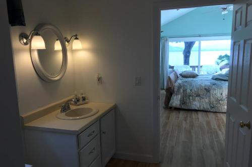 een badkamer met een wastafel, een spiegel en een bed bij 4 Bed 2 Bath Vacation home in Ossipee in Ossipee