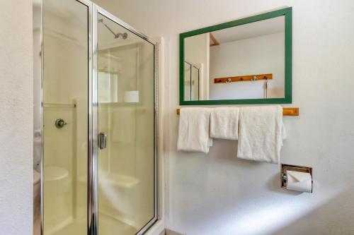 a bathroom with a shower and a mirror and towels at Towering Pines Cabin & Game Room in Leavenworth