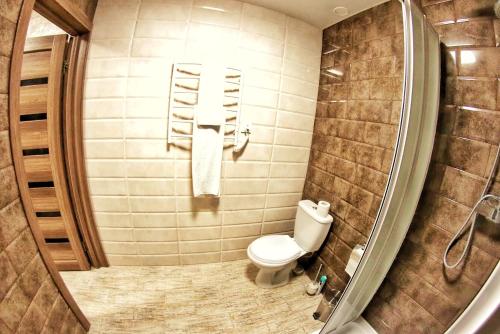 a small bathroom with a toilet and a shower at Комфортні апартаменти в Чернігові in Chernihiv