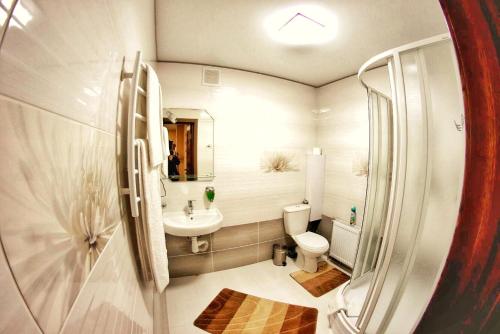 Baño pequeño con aseo y lavamanos en Комфортні апартаменти в Чернігові, en Cherníhiv