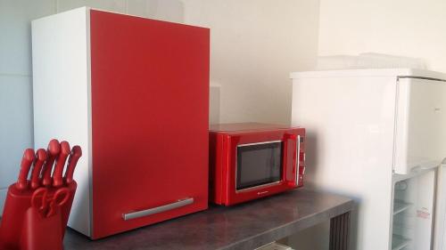 サリ・ソランザラにあるAppartement Solenzaraの赤い電子レンジ、冷蔵庫の横のカウンター