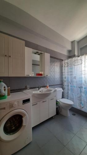 een badkamer met een wasmachine, een wastafel en een toilet bij Herme's 2 Gerakas-Athens in Athene
