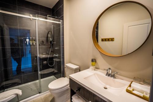 uma casa de banho com um WC, um lavatório e um espelho. em Le Bellevue Modern Lodge em Wakefield
