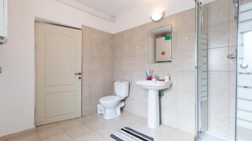 a bathroom with a toilet and a sink and a shower at Nicole's Dorobanti Studio in Bucharest