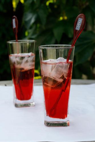 two glasses of red drink with a spoon in it at Hotel Krone Überlingen am Ried in Singen