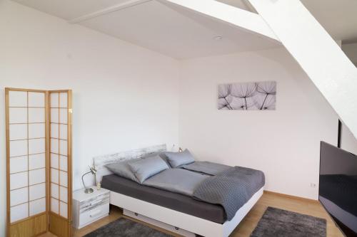 a bedroom with a bed and a white wall at Wiesental-Lounge in Steinen