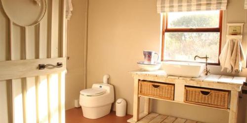 a bathroom with a toilet and a sink and a window at Donkerhoek Country Living in Avondzon