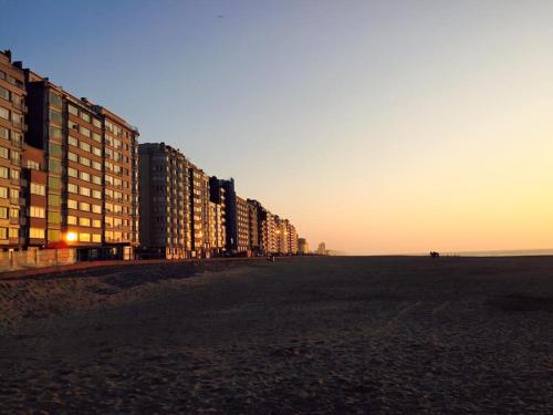 a row of buildings on the beach at sunset at Appartement met prachtig zicht op zee in Ostend