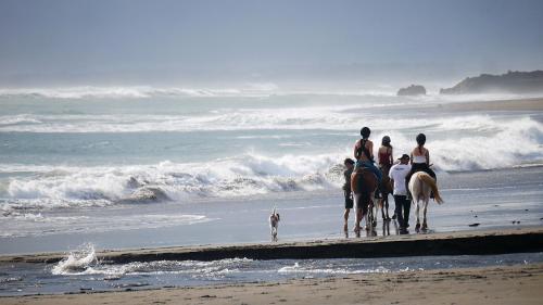 a group of people riding horses on the beach at Silversand Villa in Tanah Lot