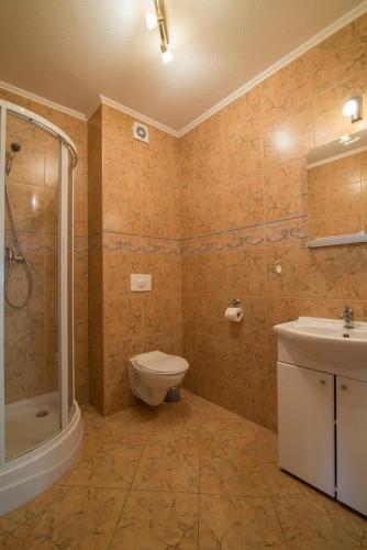 a bathroom with a toilet and a shower and a sink at PIONOW Rodzinne Apartamenty Urocza 10 in Krynica Morska