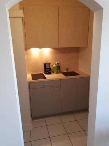 a small kitchen with a sink and a stove at Guesthouse Dusart in Hasselt