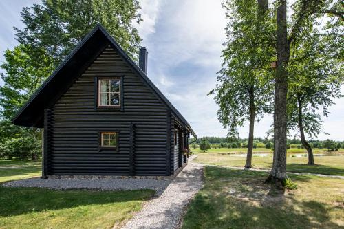 une maison noire avec un arbre en face dans l'établissement Vila Loreta - namelis su pirtimi, à Dūdorynė