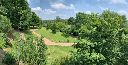an overhead view of a park with trees and a dirt road at Burg Wassenberg in Wassenberg