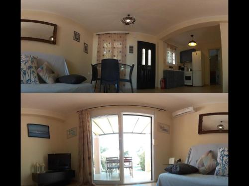 2 Bilder von einem Wohnzimmer und einem Schlafzimmer in der Unterkunft Barbati Beach Holiday Apartment, Corfu,Greece in Barbati