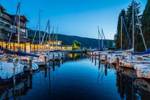 a bunch of boats are docked in a marina at Hotel Seefischer - Finest Hideaway in Döbriach