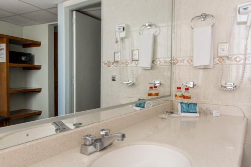 a bathroom with a sink and a large mirror at Hotel Real Plaza Aguascalientes in Aguascalientes