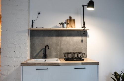 a kitchen with a sink and a shelf at Frankenstein Girl in Liepāja