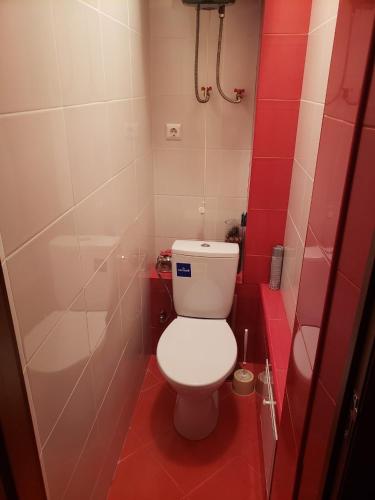 a bathroom with a white toilet and red walls at Апартаменты в тихом месте in Chişinău