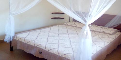a bedroom with a white bed with a canopy at Kanberra Hotel in Lira
