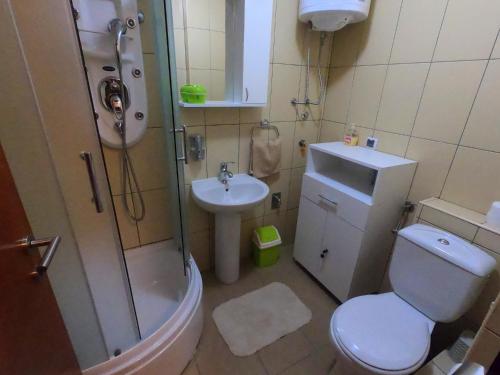 a bathroom with a toilet and a shower and a sink at Apartman ZENIT in Vrnjačka Banja
