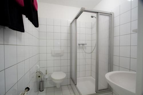 a white toilet sitting next to a shower in a bathroom at Am Glenne in Rüthen