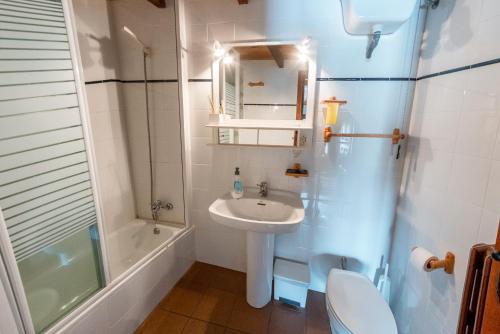uma casa de banho com um lavatório, um chuveiro e um WC. em Casa Simón em Cervera de Pisuerga