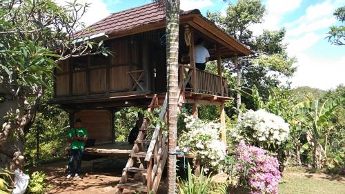a tree house with a man standing in it at ESA di Kubu Homestay in Singaraja