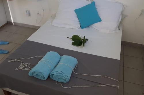Una cama con dos almohadas azules y una planta. en Bungalow sur magnifique plage-Le Nid d'Amande, en Sainte-Rose