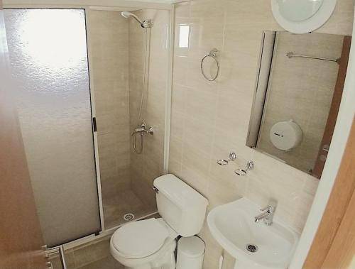 y baño con aseo, lavabo y ducha. en Hotel Doña Esperanza, en Calama