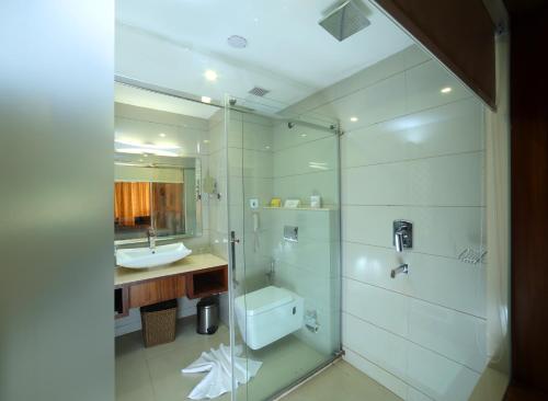 e bagno con lavandino, servizi igienici e doccia. di Amber Dale Luxury Hotel & Spa, Munnar a Munnar
