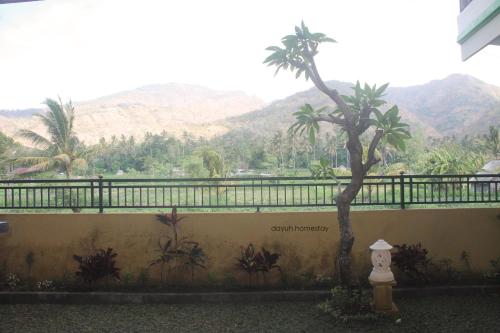 a fire hydrant next to a wall with a palm tree at Dayuh Homestay in Amed