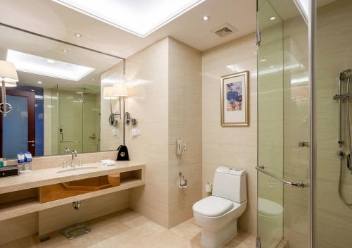 CYTS Eastern Jiading Hotel Shanghai - Original CYTS GreenTree Eastern International Hotel في Jiading: حمام مع مرحاض ومغسلة ودش